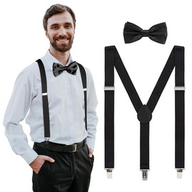 LINKPEACE Mens Suspenders and Bow Tie Set - Adjustable Elastic Clip Suspenders with multiple colors for Party and Wedding (Black)