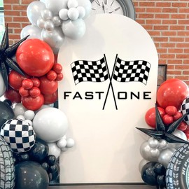 Fast One Racing Checkered Flag Birthday Party Backdrop, Round Arch Wall Sticker, Round Arch Sticker, Birthday Party Supplies，Black and White