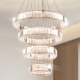 YPQXYHDA Modern Crystal Chandeliers 4 Ring LED Crystal Pendant Light DIY Adjustable High Chandelier for Dining Room Living Room Bedroom (3 Color Changeable)