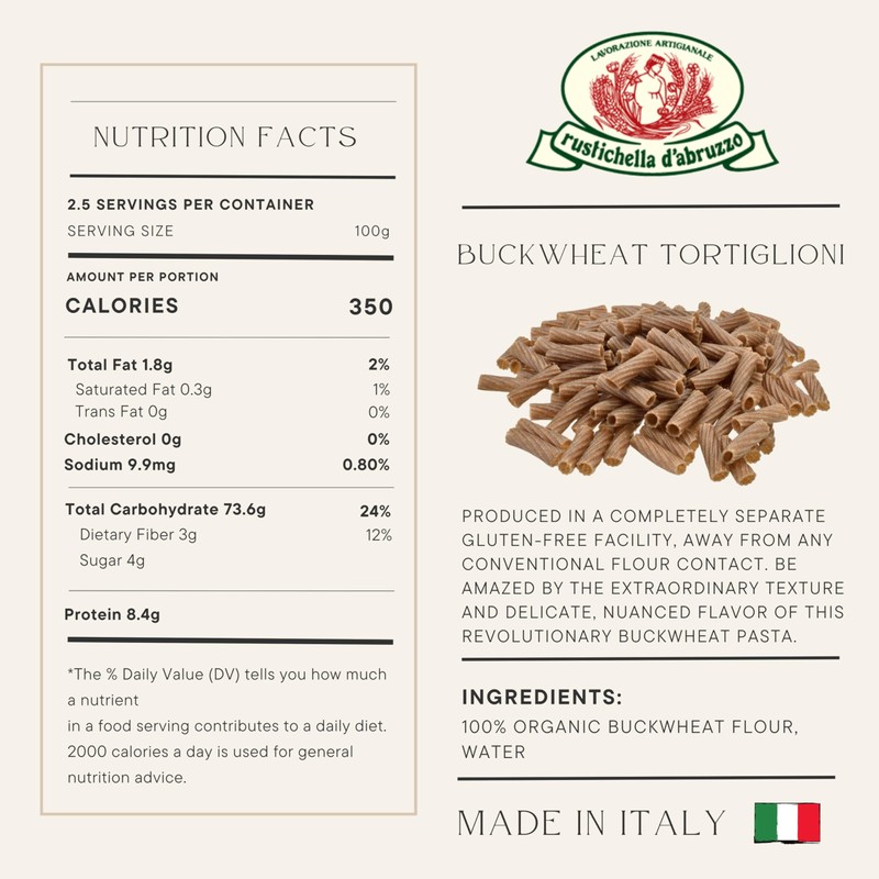Rustichella d'Abruzzo Organic Buckwheat Tortiglioni (Pack of 2), 250g Each