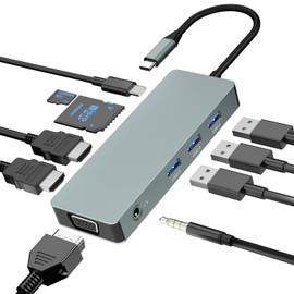 10 IN 1 USB-C Docking Station,USB Typ C to 4K 30Hz HDMI 1080P VGA, 100W PD, USB 2.0+USB3.0, SD/TF-Lesegerät, 3.5-mm-Audio für HP/MacBook/Dell/Lenovo-Laptops…