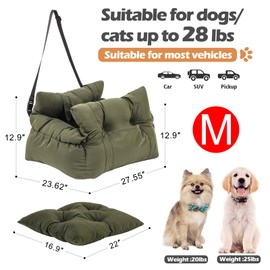 Wangda Medium Dog Car Seat Up to 28lbs - Pet Travel Bed Booster with Storage, Safety Tether, Anti-Slip Bottom for Cars(Green)