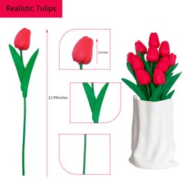 TACOLO Red Flowers Fake Tulips Artificial Flowers, 13 Inch Real Touch PU Flowers for Decoration, 10 Pcs Tulip Flowers Bouquet for Vase, Mother's Day Easter Valentines Gifts