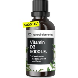 Vitamin D3 - Laboratory-Tested 5000 IU per Drop - 50 ml (1700 Drops) - Version of the Multiple Winner 2019/2020* - In MCT Oil from Coconut - High Dose, Liquid and Made in Germany