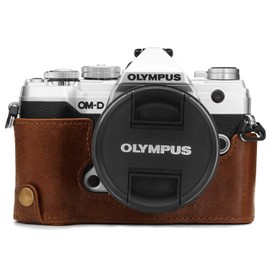 MegaGear MG1865 Ever Ready Genuine Leather Camera Half Case Compatible with Olympus OM-D E-M5 Mark III - Brown