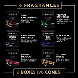 Incense Cones Fumino Fresh Multipack Essentials Bundle 6 Boxes 90 Pieces Masala Agarbatti Joss Fragrance for Relaxation and Meditation, Home and House Decor Scent