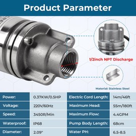 LFGUD 1/2HP Deep Well Pump, 220V/60Hz, 4.4GPM, 180ft Head Submersible Well Pumps with 46ft Electric Cord, 2" Stainless Steel Deep Well Water Pumps for Industrial, Irrigation & Home Use