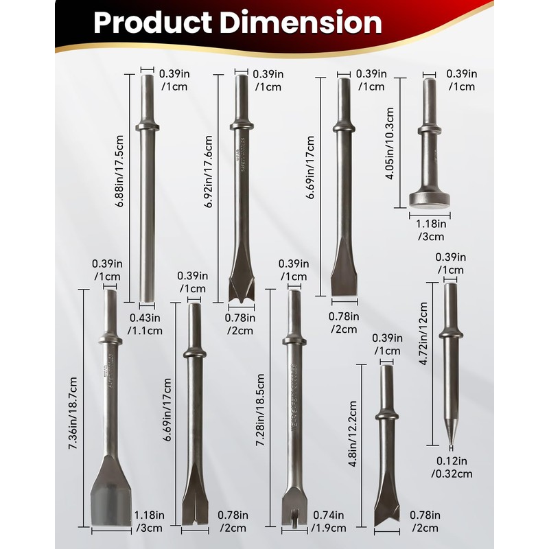 DUPDMKIN 10 Pcs Pneumatic Air Hammer Bits Heavy Duty Air