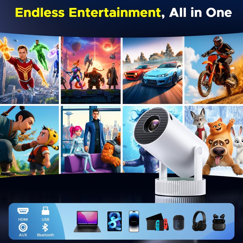 Mini Projector with WiFi and Bluetooth, Built-in Rechargeable Battery Support