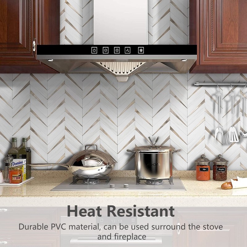 STICKGOO 10-Sheet Herringbone Tile Peel and Stick Backsplash, Dolomite White