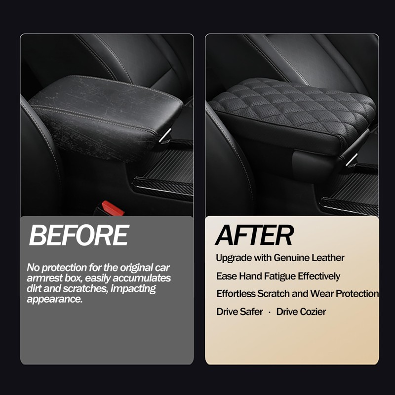 POKSRI Car Center Console Cover pad Genuine Cowhide Leather,Black Armrest