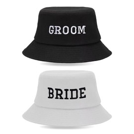 SINGOMON Bride Bucket Hat Bride Hat Groom Hat Set for Bachelorette Party Supplies Wedding Decorations Bride to Be Decorations White Bucket Hat and Black Bachelorette Hats for Couple