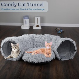 Cat Tunnel with Cat Bed for Indoor Cats - 3FT Multifunctional Cat Tunnel Bed with Cat Toys - Soft, Plush Peekaboo Cat Cave for Kittens, Cats, Ferrets, and Rabbits - Cat Products by PETMAKER (Gray)