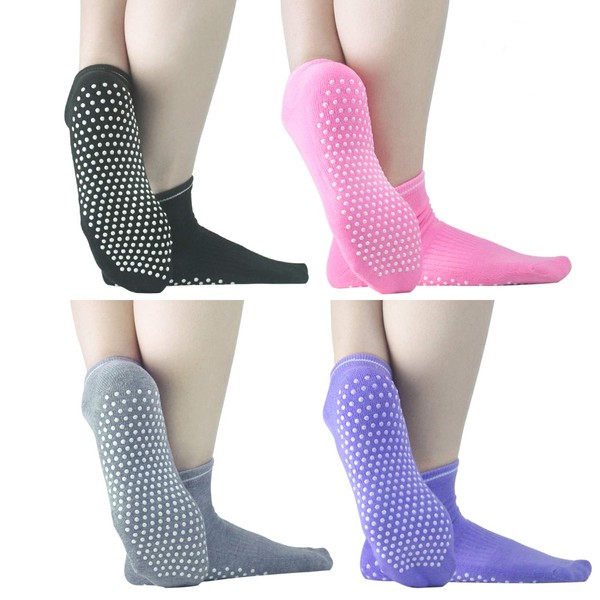 Sticky Grips Socks For Men Women - ELUTONG 4 Pack Thickening Tile/Wood Floors Non Skid Slip Barre Socks For The Senior Citizens Winter Warm Piyo Ballet Socks