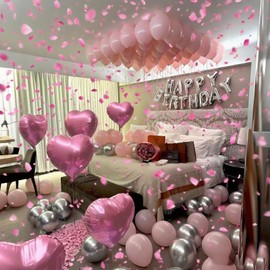 Birthday Decorations Pink And Silver Birthday Party Decorations With Pink Rose Petals Happy Birthday Silver Heart Shape Balloons And Love Balloons Suitable For Birthdays Of Girls, Ladies, Wives