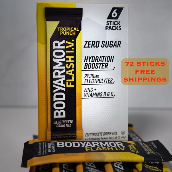 BODYARMOR FLASH IV electrolytes. 72 Sticks. 0 Sugar. Tropical Punch.