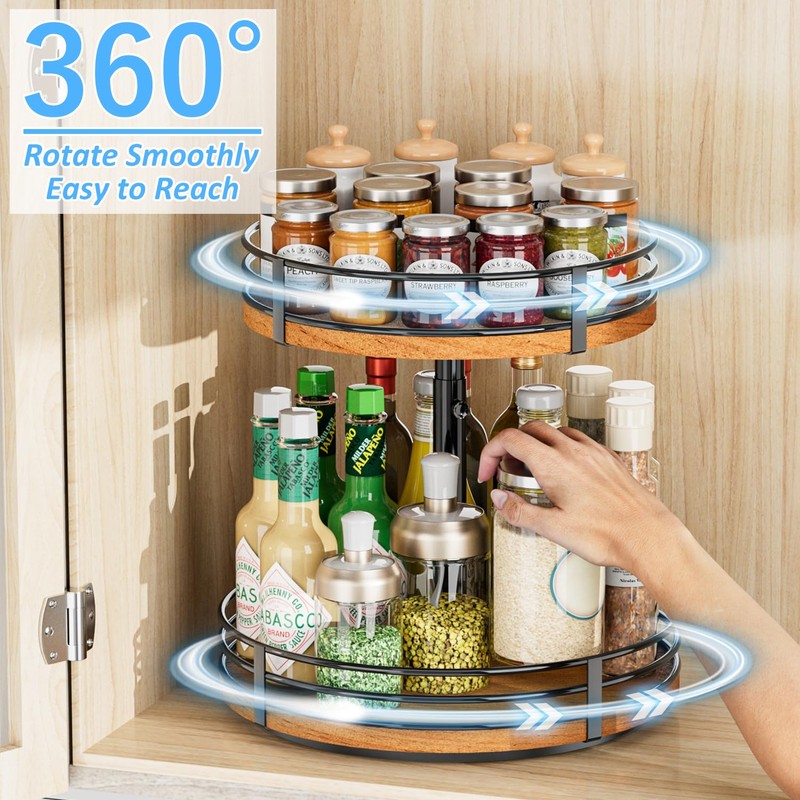 Lazy Susan Turntable Organizer Adjustable - 2 Tier Wood Rotating
