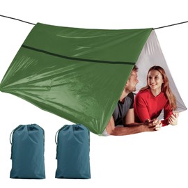 SET007 2 Pack Extra-Thick Survival Life Tent, 2 Person Mylar Emergency Shelter Tube Tent with Paracord • All Weather Protection for Hiking, Camping & Outdoor Survival with Emergency Whistle, Green
