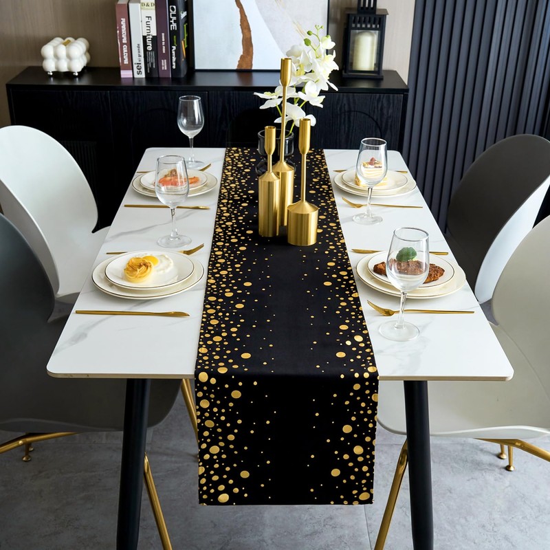 Table Runner Black and Gold 30 x 183 cm Polyester