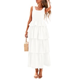 PRETTYGARDEN Womens 2025 Summer Sleeveless Midi Dress Scoop Neck A Line Smocked Ruffle Tiered Layered Beach Vacation Dresses (White,Medium)