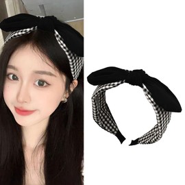 Black Plaid Headband Bow Headbands for Girls Women Knotted Bow Headband Plaid Headbands with Bow Bunny Ears Headband for Women Bowknot Headband Bow Hair Band Hairbands for Women's Hair Non Slip