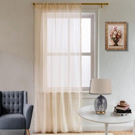 HSOFTIFY Boho Crochet Curtains 2 Panels 84 inch Long, Bohemian Curtains Lace Semi-Sheer Curtains & Drapes, Vintage Tassels Windows Curtains Panels for Bedroom Living Room (59" x 84" Beige)