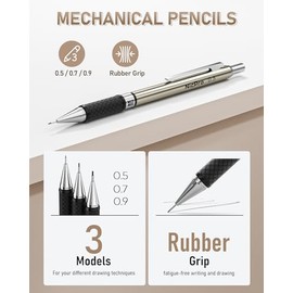 Nicpro Juego de 35 lápices mecánicos de arte, 3 lápices de dibujo de metal de 0.5 mm y 0.7 mm y 0.9 mm y 3 portaminillas de 2 mm (colores 6B 4B 2B HB 2H 4H) para dibujo y bocetos con estuche de 20