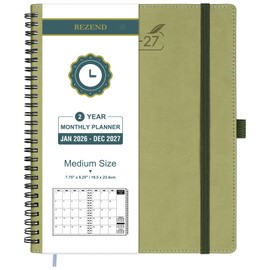 BEZEND Month to View Diary 2026-2027 with Notes (Jan 26 - Dec 27), Monthly Planner 23.4 x 19.6cm - 120 GSM Thick Paper, 2 Year Spiral Calendar with Tabs & Storage Pockets, Soft Cover, Kiwi