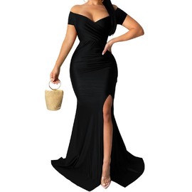 A ADILACA Black Semi Formal Maxi Dresses, Off Shoulder High Split Dress, Off The Shoulder Elegant Dressy Deep V Neck Sexy Dress for Woman (Black, 2XL)
