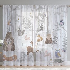 Fereyis Cute Bear Sheer Curtains 84 Inches Length 2 Panels Watercolor Deer Owl Rod Pocket Window Curtain Cartoon Forest Wild Animal Printed Chiffon Drapes for Bedroom Living Room