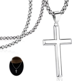 Idemana 925 Sterling Silver Cross Necklace for Men Women 4mm Stainless Steel Strong Durable Wheat Chain 18K White Gold Plated Beveled Edge Cross Pendant Necklace Jewelry 16-28 Inches, 24 in=61 cm,