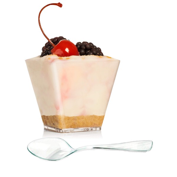 LSR LORESO Square Dessert Cups with Spoons, Pack of 48 - Clear Plastic Disposable Cups + Spoons Perfect for Serving Desserts, Appetizers, Mousse and Small Portions - Reusable 48CT