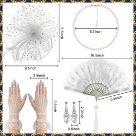 Mototo Tea Party Hat, 6 Pcs Vintage Fascinator Hat, Feather Folding Fan, Lace Gloves, Pearl Necklace, Earrings for Women and Girls, Ideal for Evening Wedding and Tea Party (White)