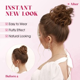 SLEEKALON Human Hair Messy Bun Hair Piece 100% Real Curly Wavy Hair Bun Scrunchies for Women Chignon Updo Brown Hair Bun Extensions Elegant Donot Thick Bun Hairpiece with Elastic Band (Medium Brown)
