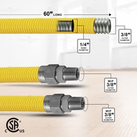 HIGHCRAFT GUHD-ZD14-60H Gas Line Hose 3/8'' O.D. x 60'' Length with 0.38 in. MIP Fitting, Yellow Coated Stainless Steel Flexible Connector, 60 Inch