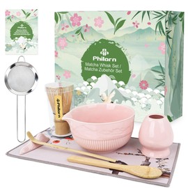 PHILORN Matcha Whisk Set 8Pcs Ceramic Matcha Kit Matcha Bowl with Spout, Whisk, Holder, Bamboo Scoop, Scoop Rest, Sifter and Tea Towe for Matcha Lover and Tea Ceremony (Pink)