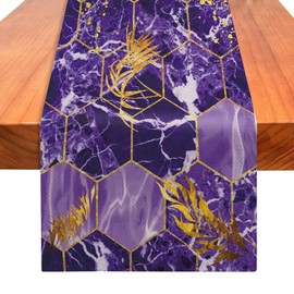 YOVOYOA Marble Table Runner 72 Inches Long, Purple Gold Marble Texture Table Runner Dresser Scarves, Abstract Art Burlap Dining Room Table Decor for Kitchen Farmhouse Indoor Outdoor Home Party