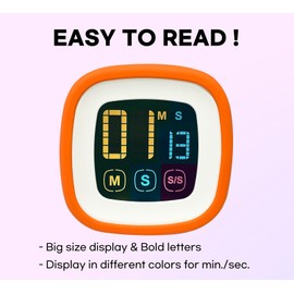 CREAVIVA Digital Kitchen Timer, Countdown, Countup, Protective Rubber case, Large Display with Color Bold Digits, Touch Control, Backlit, Magnetic Kickstand, Loud Alarm, Auto Memory (Orange)