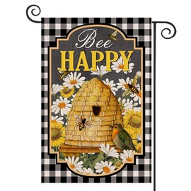 DMERBYL Home Decorative Bee Happy Garden Flag, Spring Daisy Flowers House Yard Buffalo Plaid Check Decor Sunflower Bird Honeycomb, Summer Farmhouse Outside Decoration Outdoor Small Burlap Flag 12 x 18