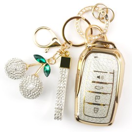 Rayslesan Sparkly Key Fob Cover with Cherry Keychain, Bling TPU Smart Key Case for Women, Compatible with Toyota Hilux Corolla Land Cruiser Venza RAV4 prime Sienna Fortuner (4-Button, Gold White)