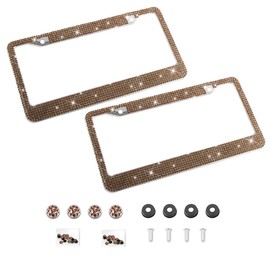 Bling 2PCS Car License Plate Frame, Handcrafted Crystal Stainless Steel License Plate Frame, Sparkly, Durable, Universal Fit, Car Accessories for Girls, Women (Coffee)