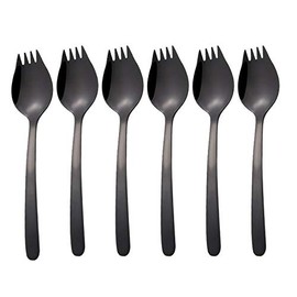 MBB Black Sporks Spoon Forks 6-Pack Stainless Steel Long Handle for Fruit Appetizer Dessert Salad Forks Noodle Spoon 8.1 inch