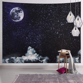 SENYYI Moon Stars Wall Tapestry Wall Hanging Outer Space and Galaxy Tapestry Night Sky with White Cloud Home Decor for Room (51.2 x 59.1 inches)