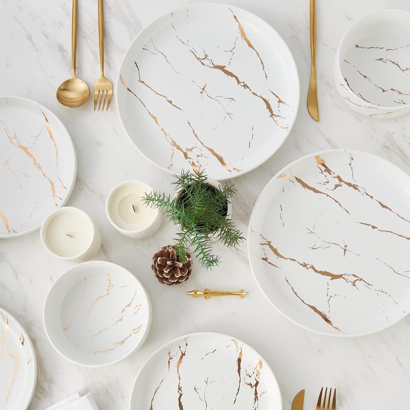 Pokini White Gold Splash Dinnerware Sets, 12 Pieces Fine China