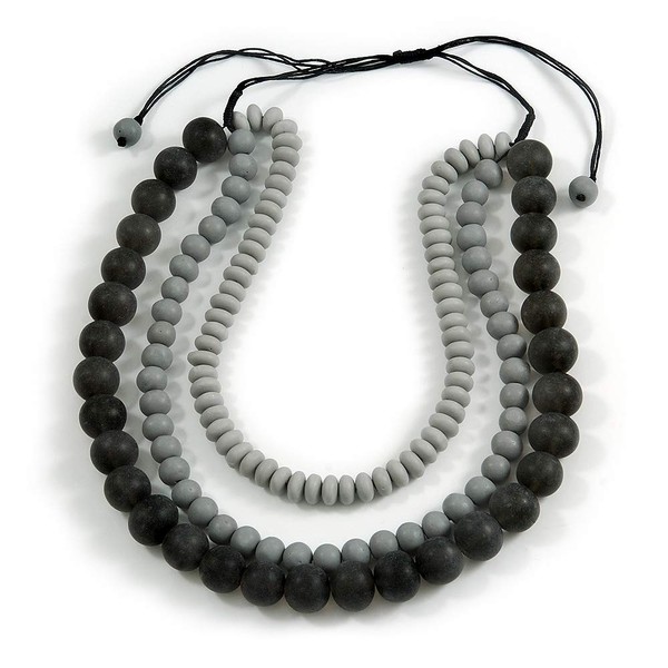Avalaya Black/Grey/3 Strand Layered Resin Bead Cord Chunky Necklace/60cm-70cm/Adjustable