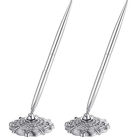 2 Pieces Hollow Round Pen Holder Signing Pen Set for Wedding Bridal Engagement Guests Book Valentine's Day Favor (Silver Style)