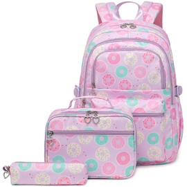 Joyfulife 3Pcs Donut Prints Backpack Sets Kids Bookbags Primary School Daypack Elementary Students Knapsack for Teens Girls