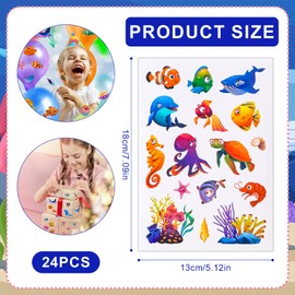 24 Sheets Cute Ocean Sea Animal Adhesive Stickers, Ocean Stickers for Kids Tropical Fish Shark Mermaid Stickers Under The Sea Animal Stickers for Water Bottles Party Favors Supplies Decors