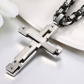 JewelryWe Stainless Steel Cross Crucifix Pendant Mens Boys Necklaces with 5MM Byzantine Chain(Silver Color)
