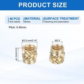 sourcing map 46 Pcs Threaded Inserts, M2.5 Brass Heat Set Insert for 3D Printing and Plastic Material Female Knurled Insert Nuts for Laptops Electronic Products, M2.5x3.5x3.5mm
